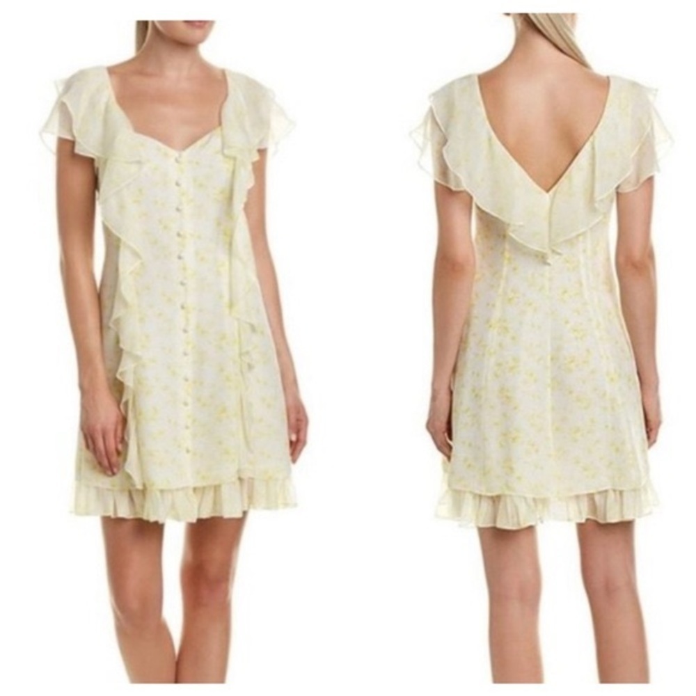 CINQ à Sept Silk Pale Yellow‎ Floral Ruffle Georgia Dress Size 10